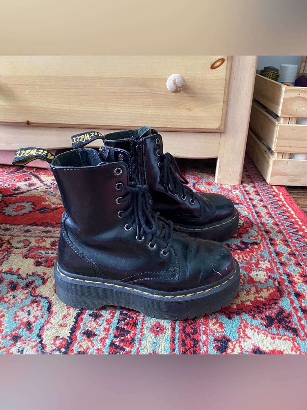 Dr. Martens Black Platform Lace-Up Boots with Yellow Stitching